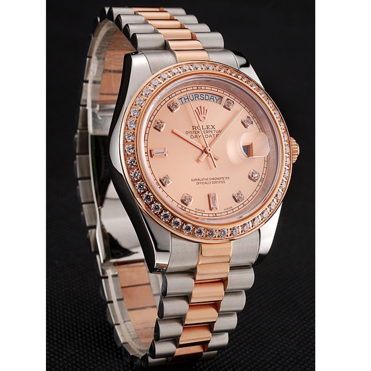 Aaa replica watch Steel Rolex Swiss Gold Bracelet 1454107 Day-Date Diamonds Rose And Staineless Bezel 0519